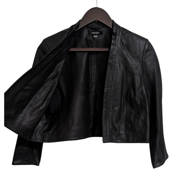 LAMARQUE Black 100% Genuine Leather Cropped Open Front Bolero Jacket - Size 6 - Picture 6 of 9